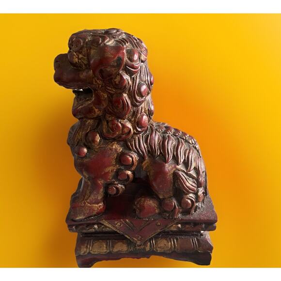 Vintage Mid Century Pair Hand Carved Wood Red Gold Gilt Foo Dogs 10"x6"x4" Asian - Picture 3 of 4